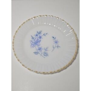 Vintage Termocrisa Milk Glass Dinner Plate Blue Floral Gold Trim Mexico MCM
